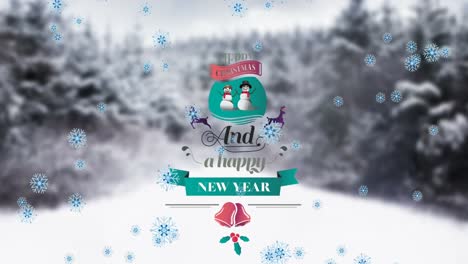 Snowflakes-falling-and-Merry-Christmas-and-Happy-New-Year-text-against-winter-landscape