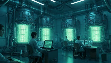 advanced laboratory with scientists monitoring futuristic bioreactors in a high-tech environment featuring green illumination and complex machinery
