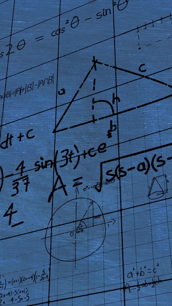 Mathmatical calculations in black floating over a blue background 4k