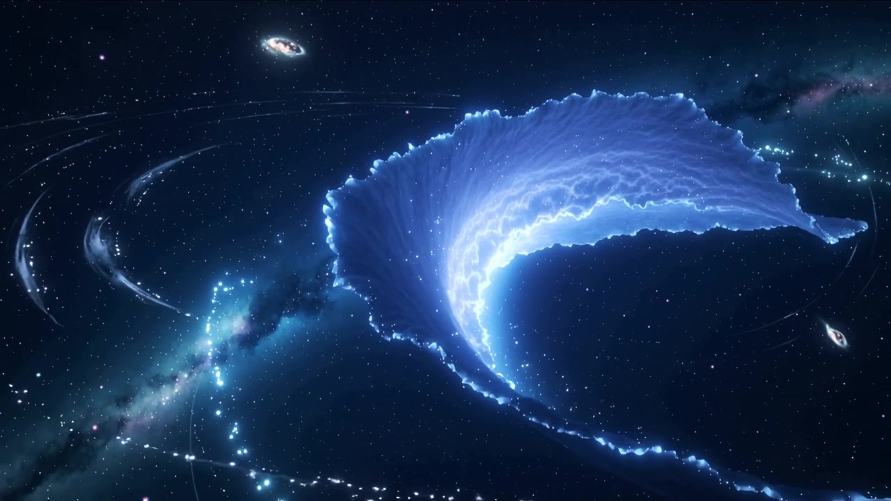 Rotating big blue ribbon clockwise in space, camera zooming revealing pulsing core and ring galaxy