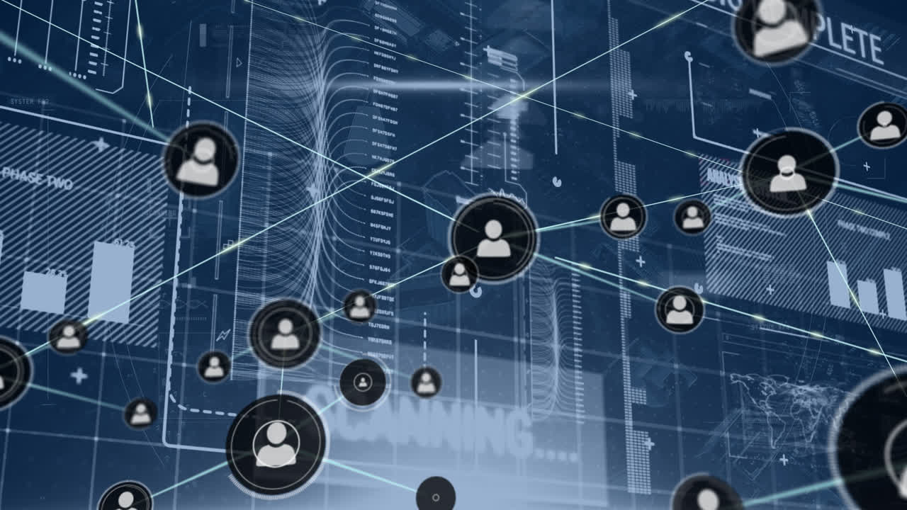 Animation of network of connections with digital icons statistics and data processing