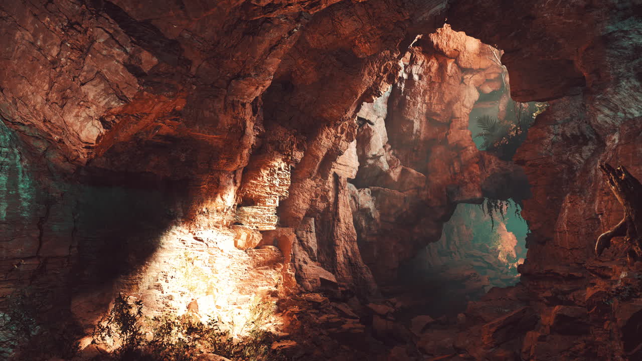 una vista en una cueva oscura con un rayo de luz brillando a través