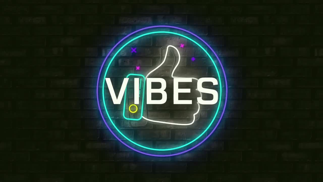 animación digital de vibraciones texto sobre azul neón como icono en una pancarta redonda contra una pared de ladrillo