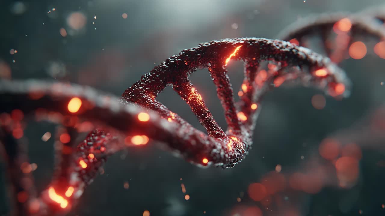 Dettagli intricati di una doppia elica di DNA a spirale catturati in uno splendido primo piano, evidenziando le strutture luminose che rappresentano i mattoni della vita.