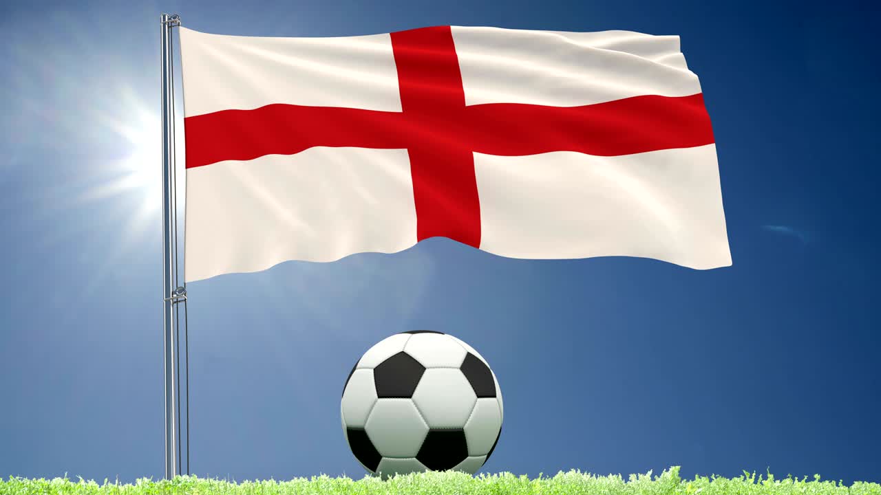 bandera de inglaterra revoloteando y un rollo de fútbol en el césped, renderizado en 3d, imágenes en 4k