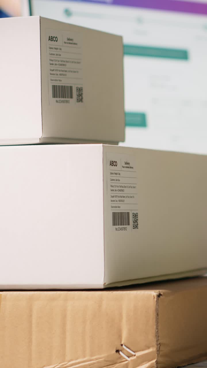 Vertical Video Logistics hub worker uses scanner on tracking info tags for express delivery