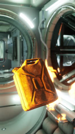 rusted jerrycan floating in a spaceship