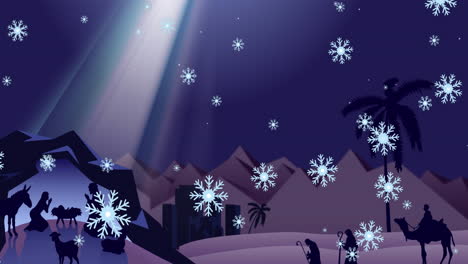 animación de copos de nieve sobre tres reyes y escena de la natividad sobre fondo azul