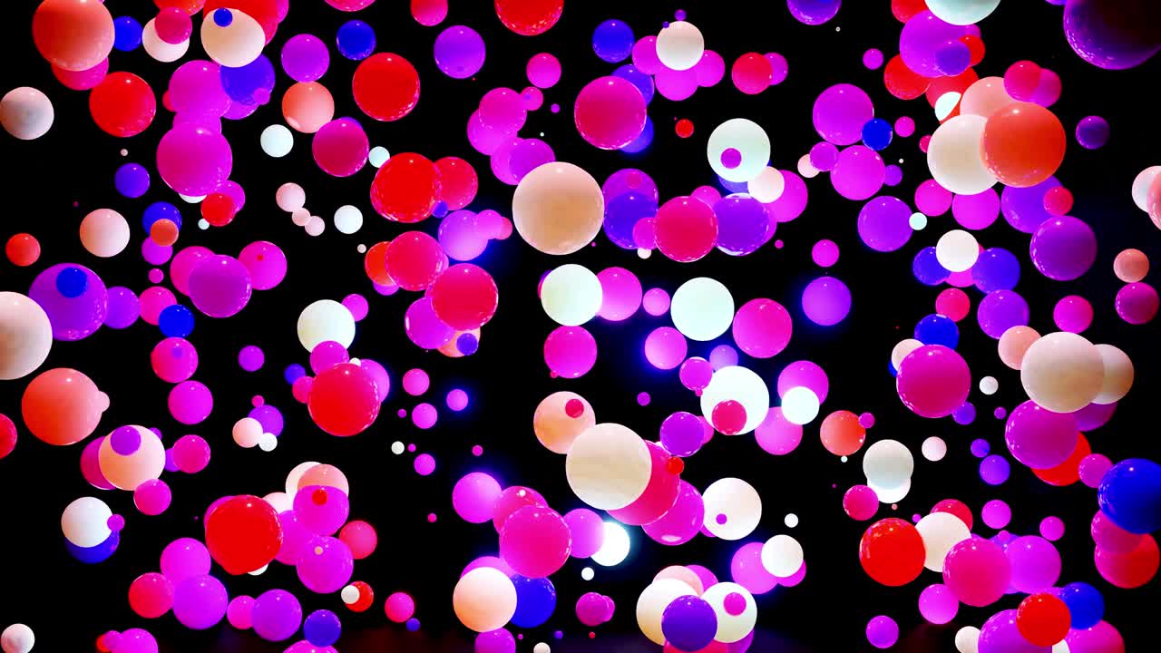 무작위로 빛나고 서로 반사되는 공중의 다채로운 공의 추상적인 구성, 빛의 효과와 함께 간단한 기하학적 어두운 배경으로 공중에서 다채로운 구.