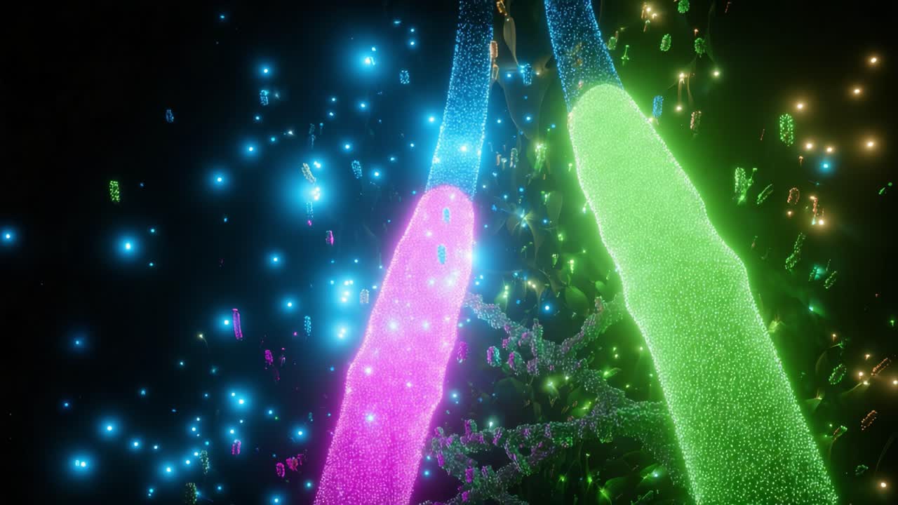 Abstract animation showing glowing streams of pink, green, and blue fractal particles traveling through dark space, creating a beautiful and dynamic representation of energy flow or data transfer