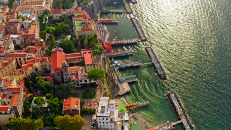 Beautiful-Aerial-Drone-View-over-Sorrento-Seaside-along-the-Amalfi-Coast-Line,-near-Naples,-Southern-Italy