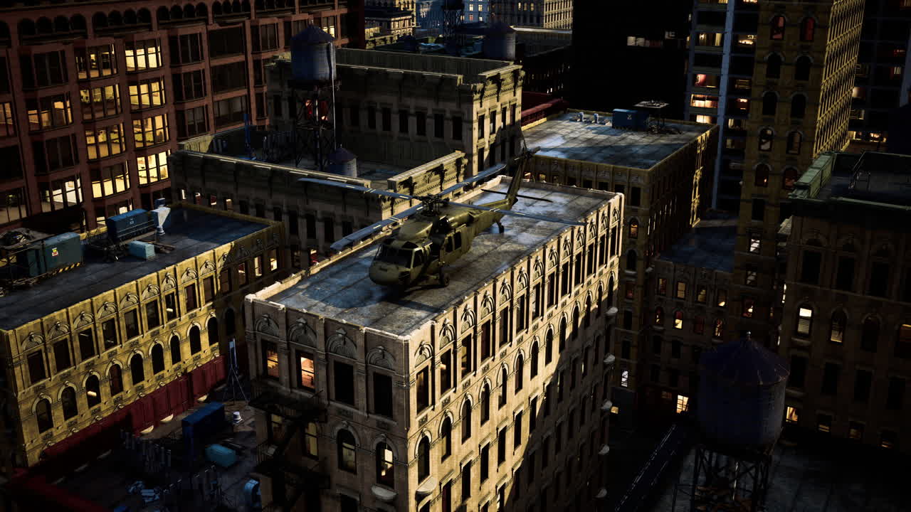 Helicopter landing on rooftop in urban environment during nighttime