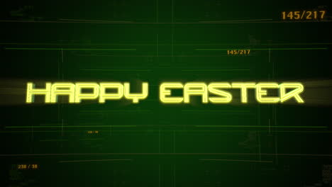 animation text happy easter and cyberpunk animation background with computer matrix and numbers