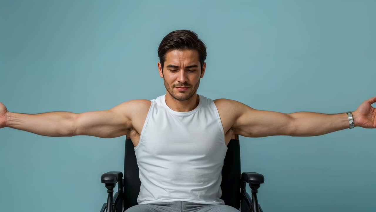 Un uomo su sedia a rotelle in studio, indossa una canottiera bianca e tiene le braccia tese per mantenere l'equilibrio, viene ripreso da una videocamera.