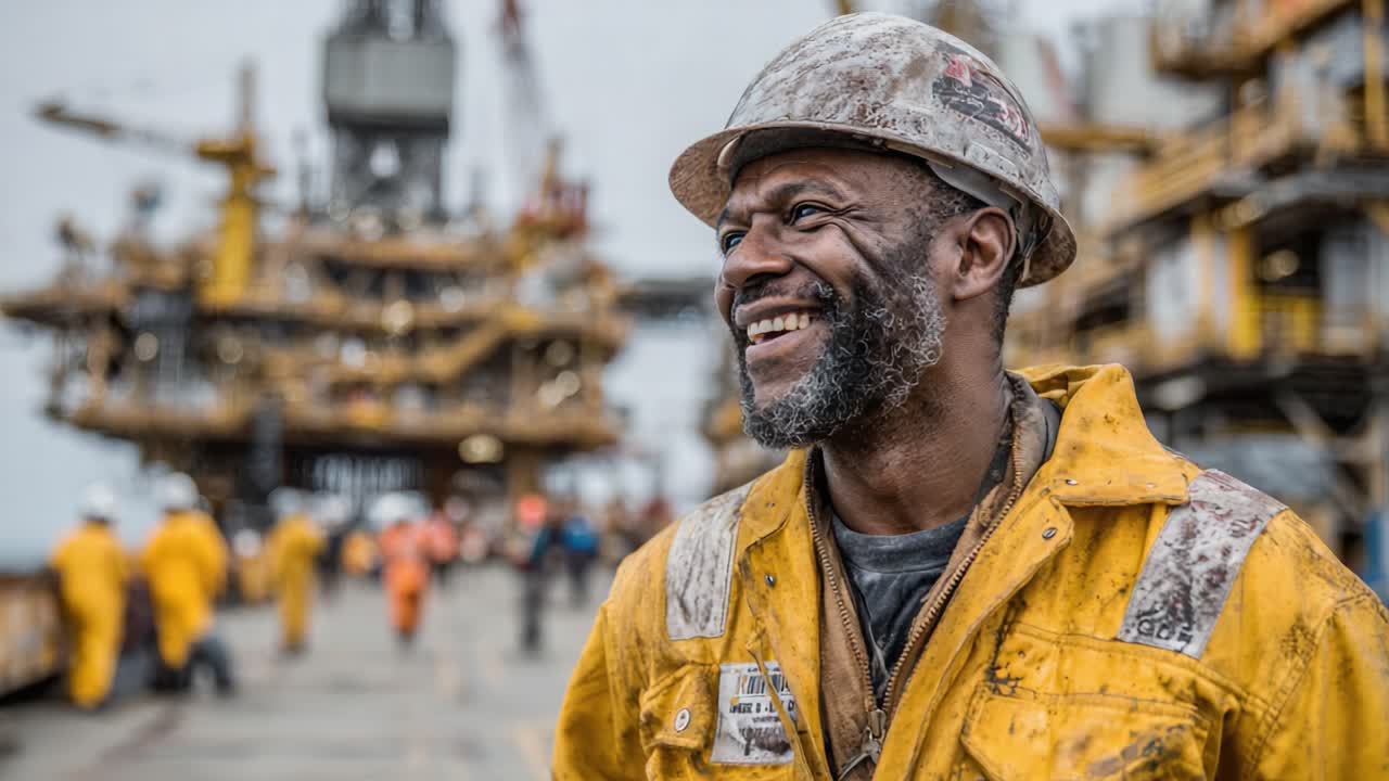 A Smiling Worker in Safety Gear on an Offshore Platform, Embodying Resilience and Dedication Amidst Heavy Machinery and Busy Operations