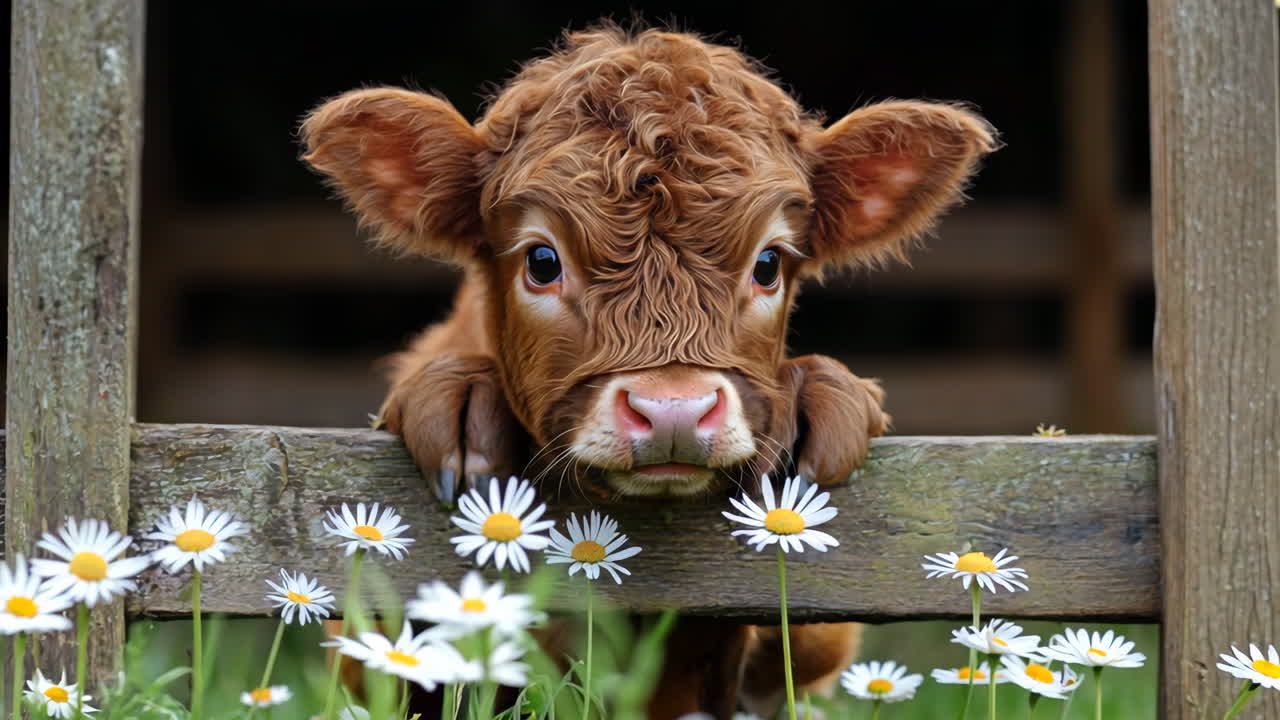 A baby cow is looking at the camera with its head between two flowers. The scene is peaceful and serene