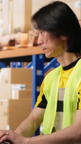vertical video asian employee scanning shipping labels and barcodes on packages