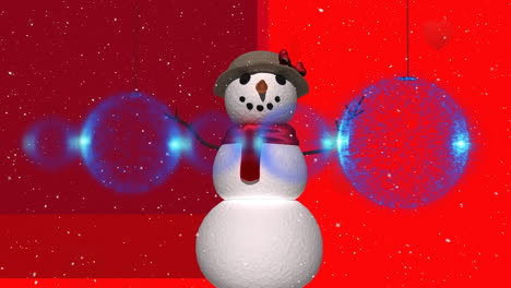 animación de bolas de navidad azules sobre el muñeco de nieve y la nieve cayendo