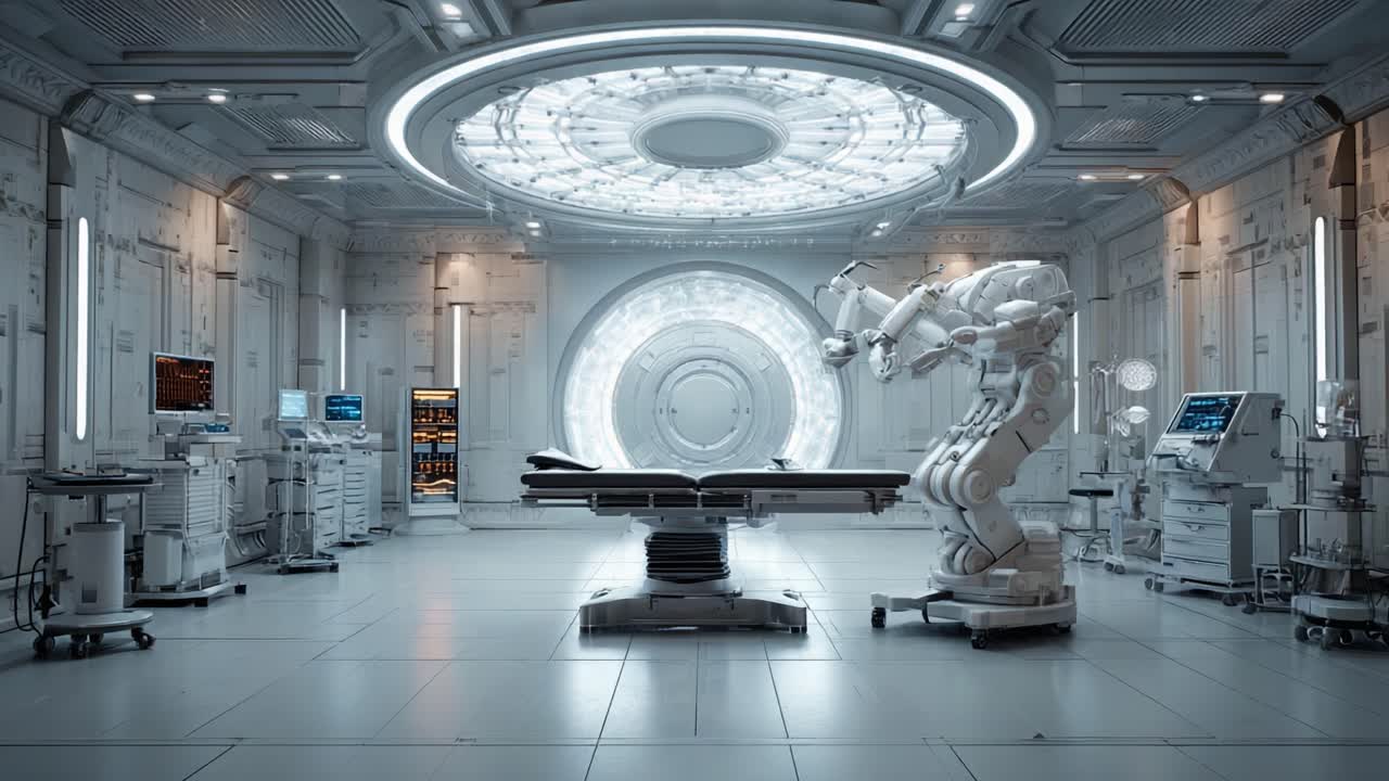 Advanced Medical Robotics: A Sleek Surgical Room Featuring an Automated Surgical Arm and State-of-the-Art Equipment in a Futuristic, Sterile Environment