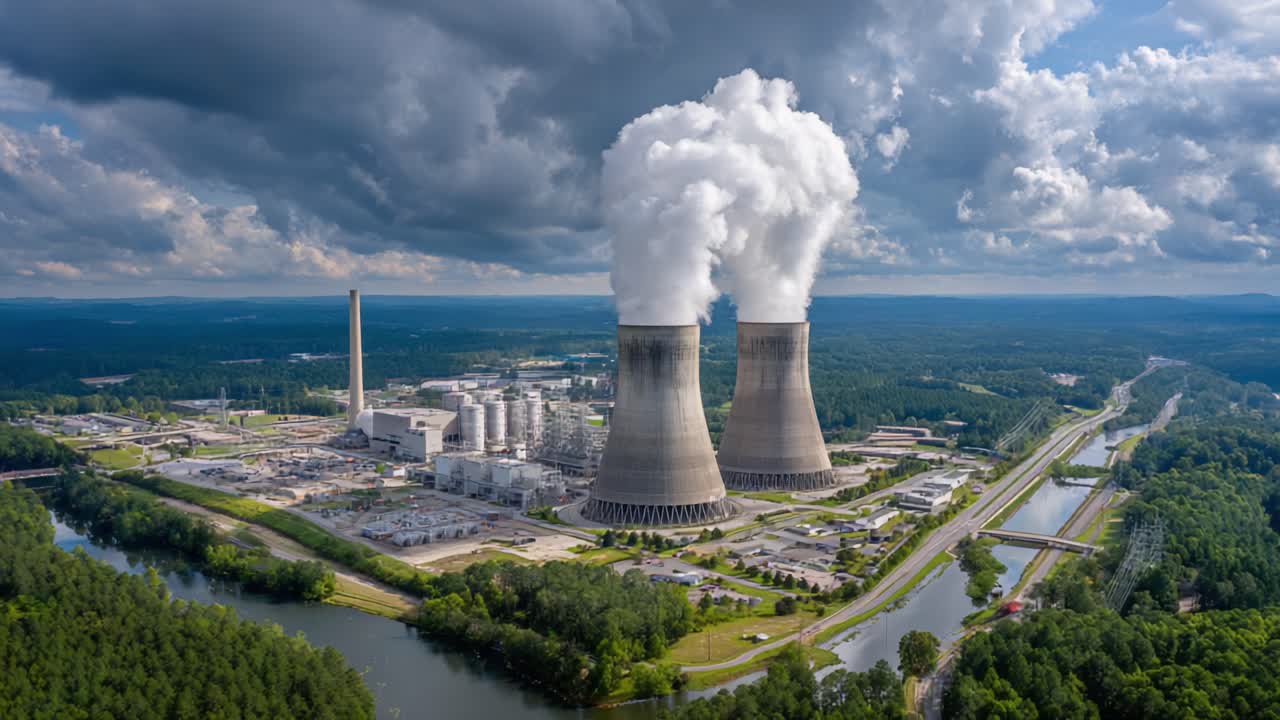 Aerial View of a Nuclear Power Plant with Cooling Towers Emitting Steam Under a Dramatic Sky, Showcasing Industrial Power Generation and Natural Landscape Interaction