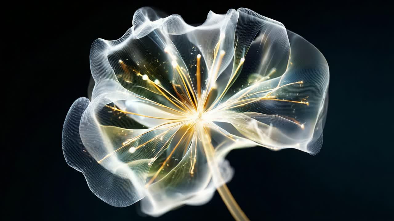 En fascinerende, gennemsigtig blomst blidt oplyst mod en mørk baggrund, der fremviser indviklede detaljer af dens fine kronblade og lysende gyldne tråde på en æterisk måde