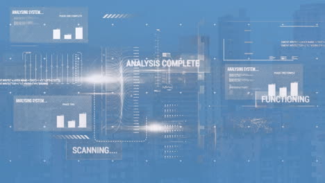 animation of data processing and arrows over cityscape