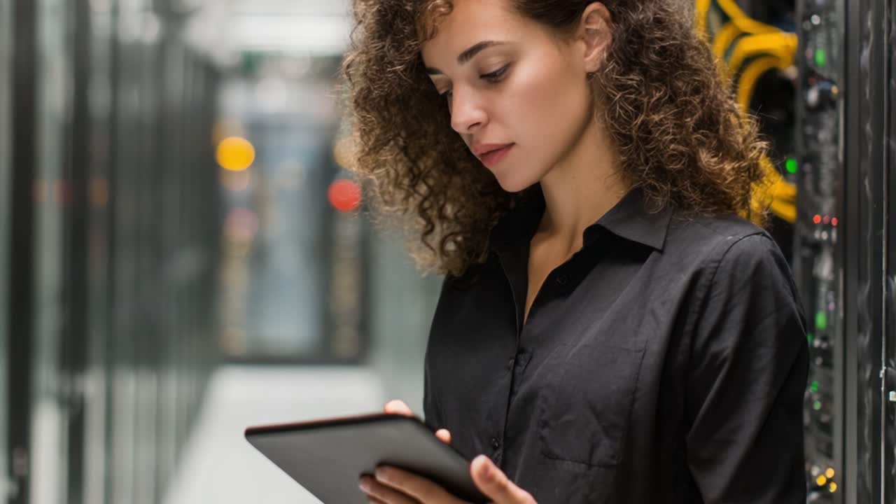 A focused professional reviewing data on a tablet device in a data center, reflecting concentration and expertise within the technology and information management sector