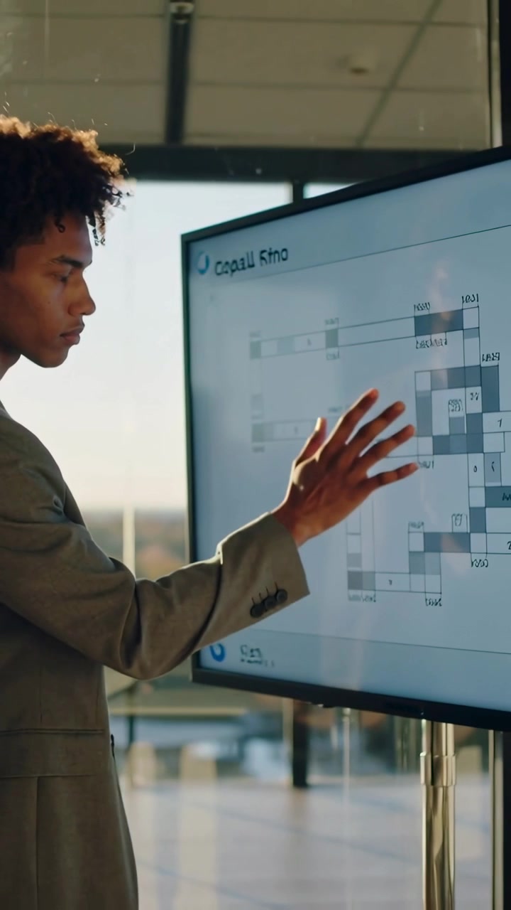 Vertical video: Hand touching screen, man in blazer tapping grid at office reviewing, copy space