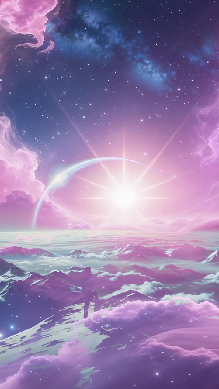 Vertical video: As rising star over clouds explorer in suit climbing ridge gazing at ringed planet