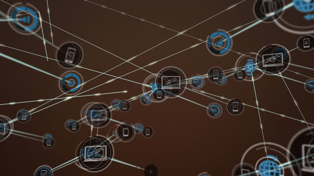 animación de múltiples iconos conectados con líneas contra un fondo abstracto.