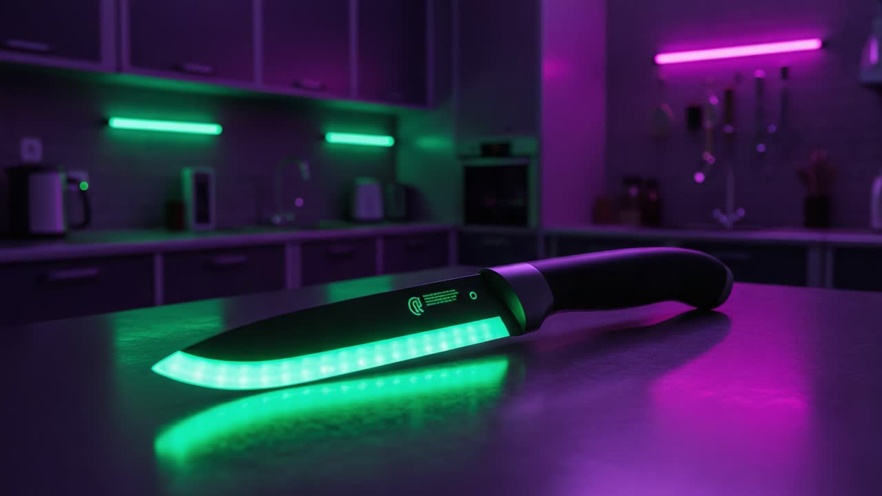 Illuminated Kitchen Knife: A Stunning Display of Modern Culinary Tools with Striking LED Technology in a Contemporary Setting