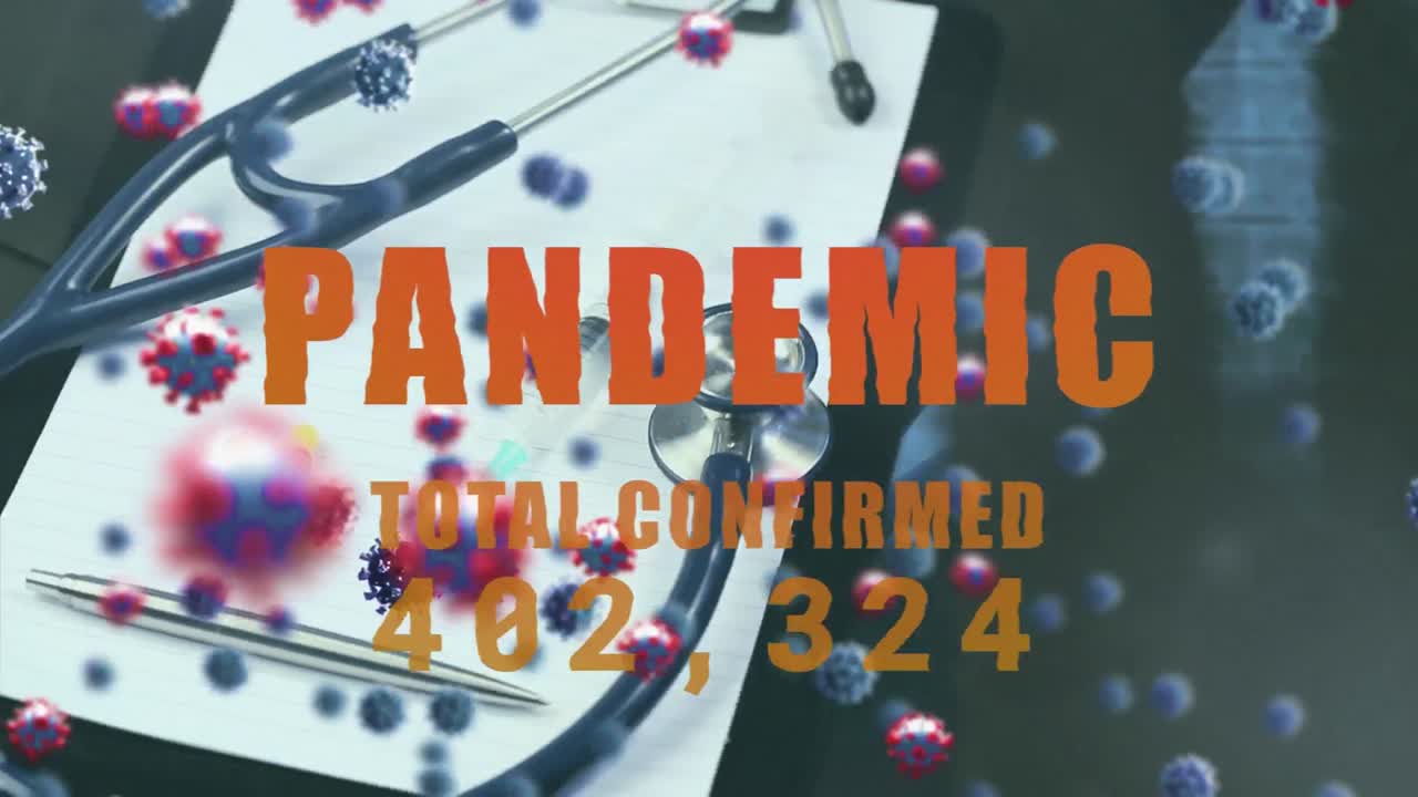 Animation of PANDEMIC and TOTAL CONFIRMED words and medical supplies over macro covid-19 cells
