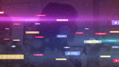 animación de una red de conexiones con iconos sobre una mujer biracial usando un teléfono inteligente