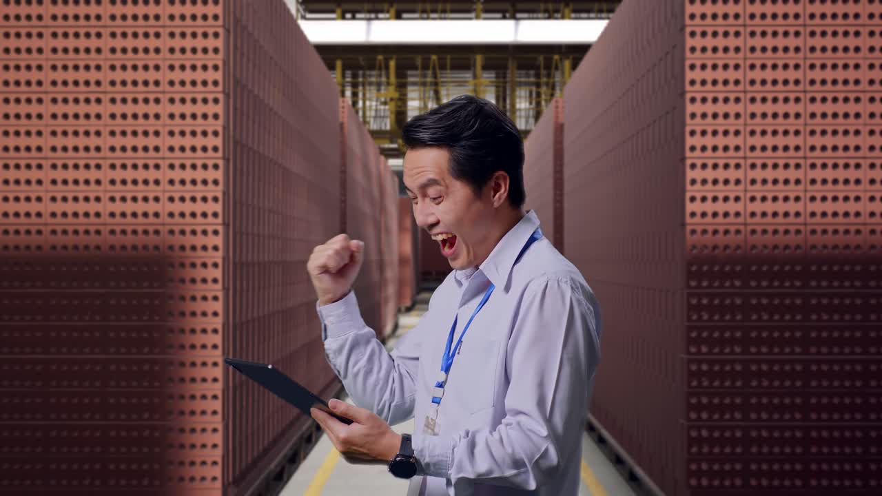 Happy Factory Worker Checking Tablet
