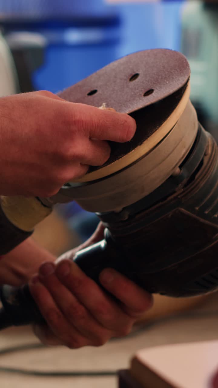 Man Attaching Sanding Disc to Orbital Sander in Workshop