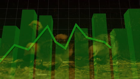 data visualization combining farm grid scene showing green 3d bars and line graph tracing peaks