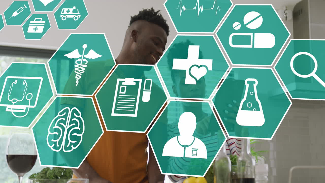 animación de iconos médicos sobre diversas personas de negocios en la oficina.