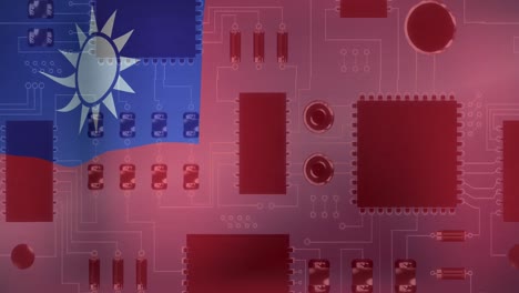 animation of computer circuit board with data processing and flag of taiwan