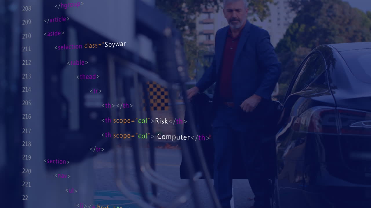 animación del procesamiento de datos financieros sobre el hombre caucásico cargando el coche eléctrico
