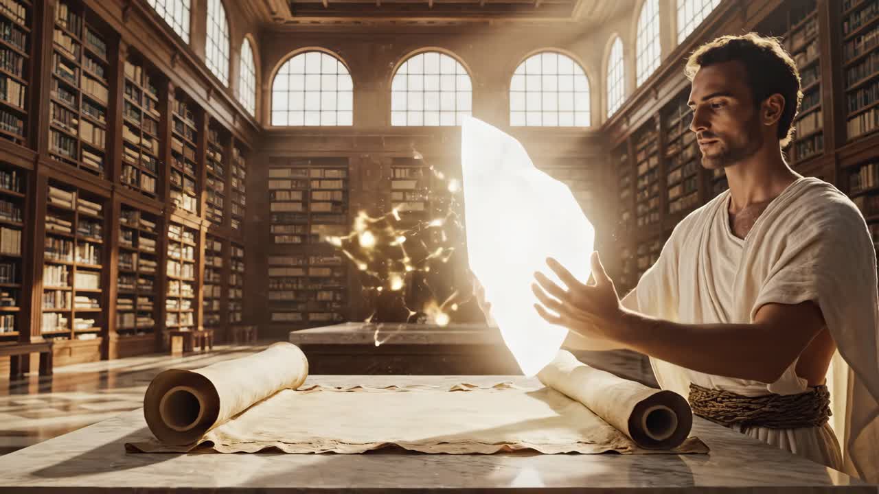 An ancient sorcerer performing magic with a scroll in a library