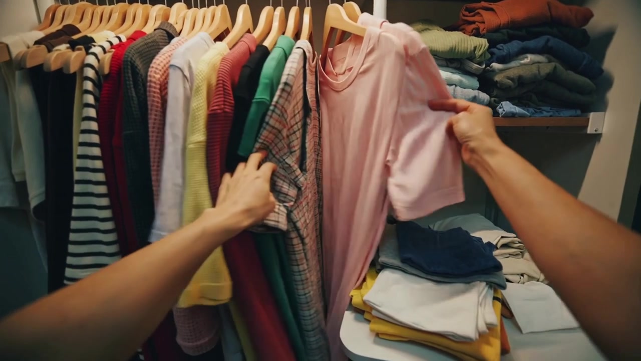 Antebrazos tatuados extendiéndose y deslizándose entre perchas de madera cerca de pilas de ropa doblada, sacando una camiseta rosa para elegir.
