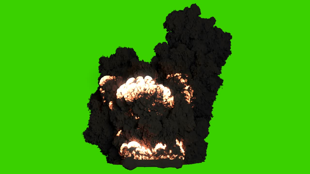 una explosión gigante de combustible combustible con humo negro espeso. explosión con humo negro, explosión de explosivos. animación vfx frente a la pantalla verde.