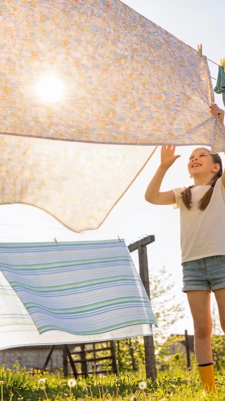 Vertical video: Hanging girl in yellow boots pinning sheet on yard line, sun drying, copy space