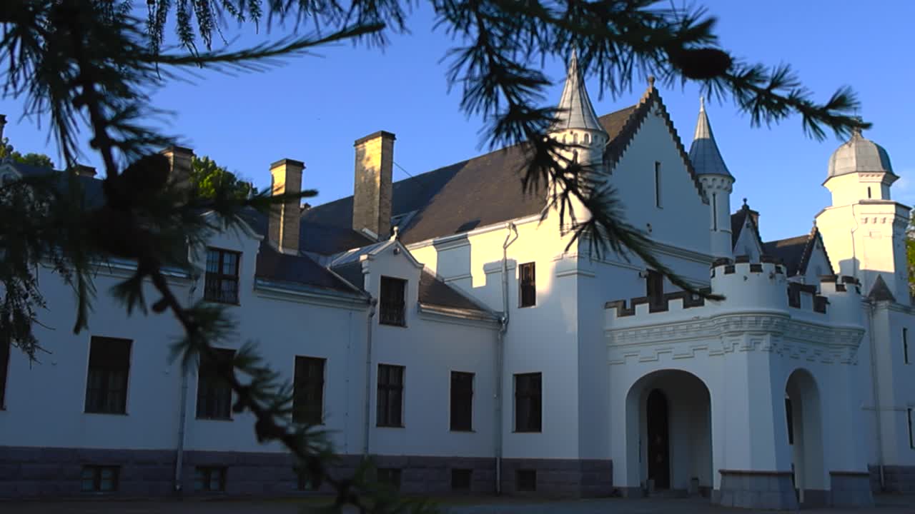 Large white colored majestic and spectacular castle viewed from behind some pine tree branches that have pine cones on it during a sunny day with blue sky in the background. Alatskivi castle at summer