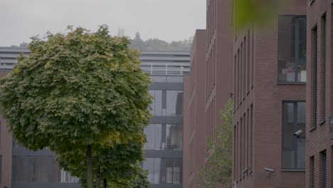 modern office buildings with brick facades and lush green trees on an overcast day