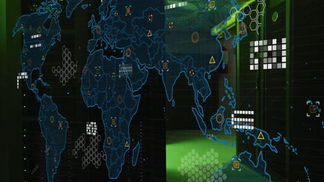 Animation of microprocessor connections over world map against computer server room