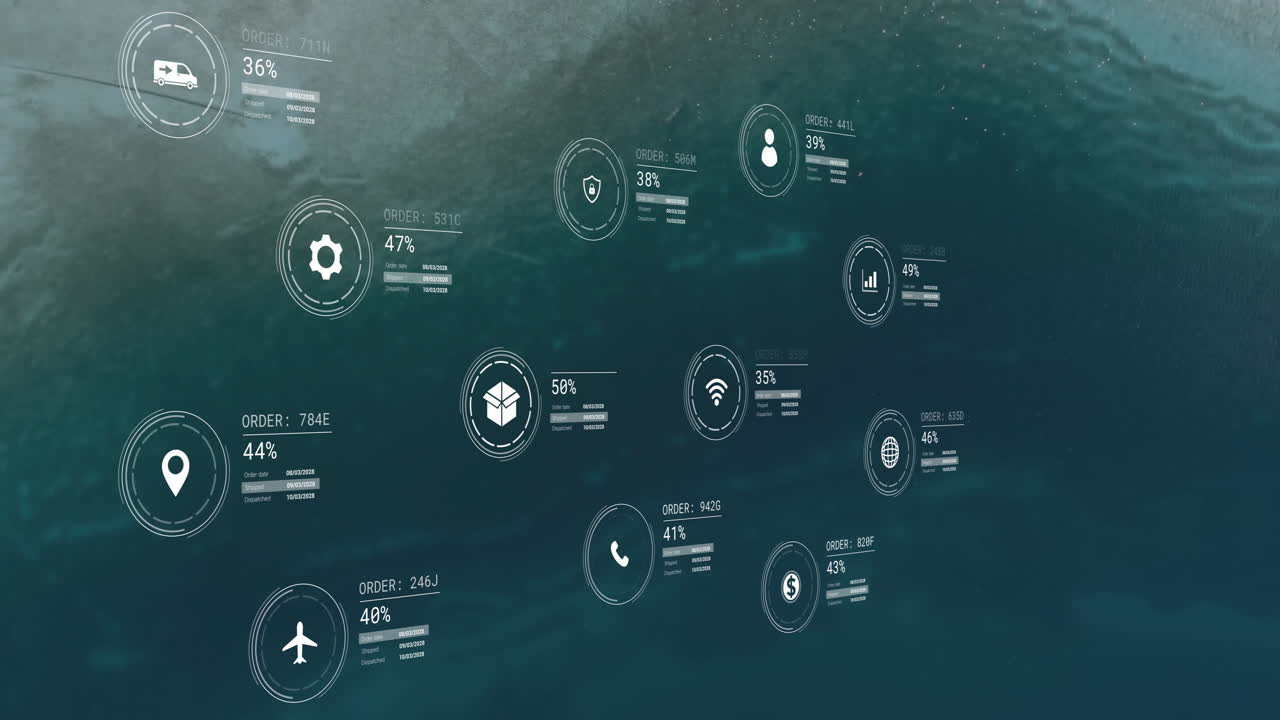 Animation of network of icons with data processing over seascape