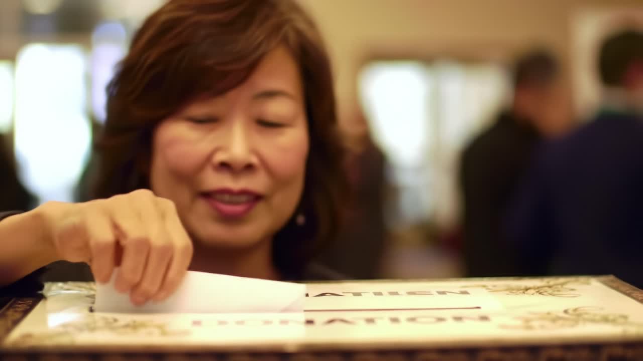 A woman engages in charitable giving by donating to a fundraiser, showcasing the spirit of generosity and community involvement in a lively setting.