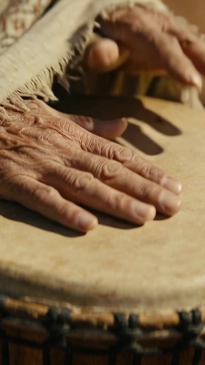 Vertikales Video: Gealterte Hände spielen, die rechte Hand hebt, tippen auf eine Trommel in Nahaufnahme, halten den Takt, Ring und ausgefranste Manschette.