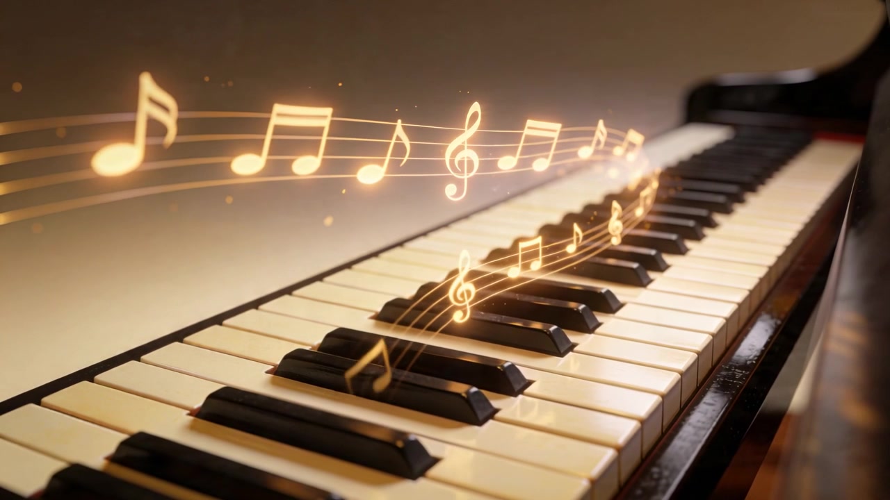 En animeret gylden nodebjælke flyder over et flygelklaviatur i et studie, der illustrerer melodi.